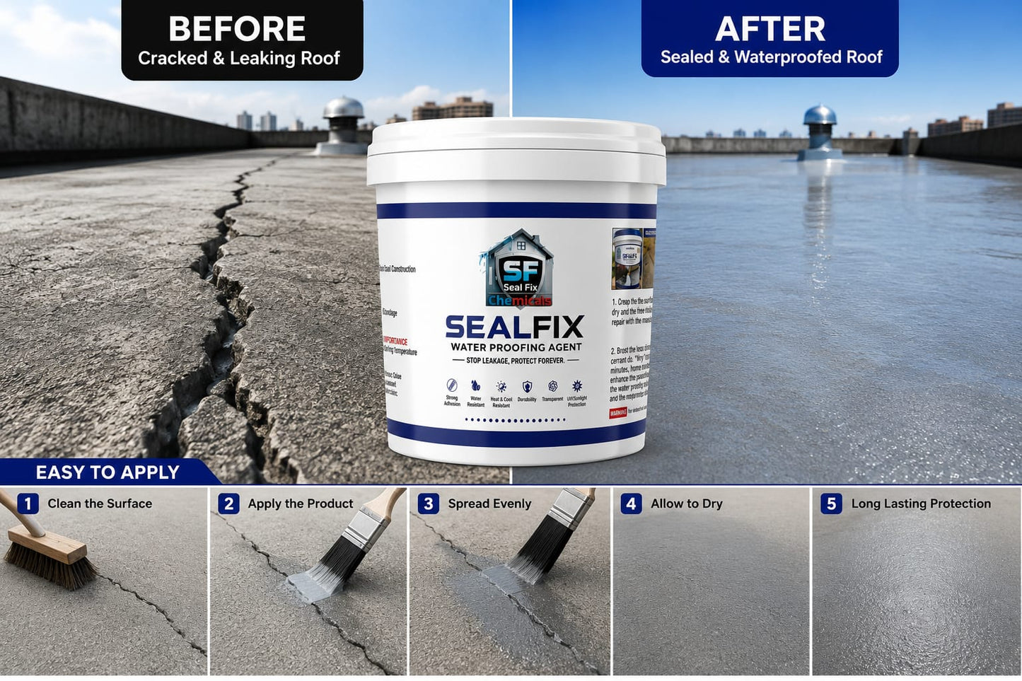 SealFix Waterproofing Agent – Transparent Anti-Leakage Waterproof Coating for Roof, Wall Seepage, Cracks, Marble & Concrete | Free Brush Included